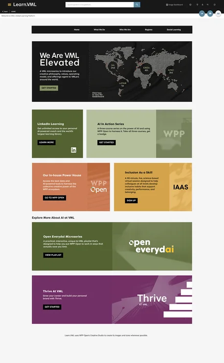 The revised Learn.VML home page: navigation bar, one hero and organized content rows