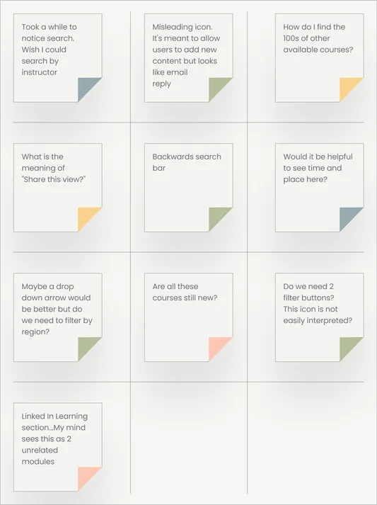 Audit notes: hard-to-notice search, misleading icons, unclear labels and duplicate filter buttons