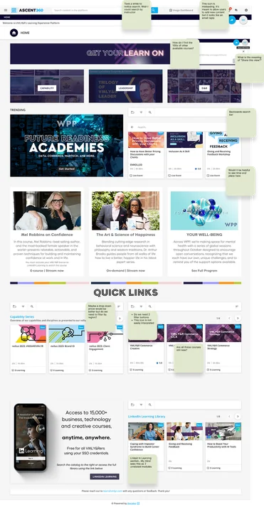 The old home page annotated with green sticky notes