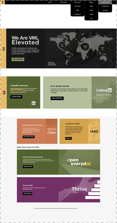 Revised home page with callouts: 1 navigation bar, 2 hero, 3 live text