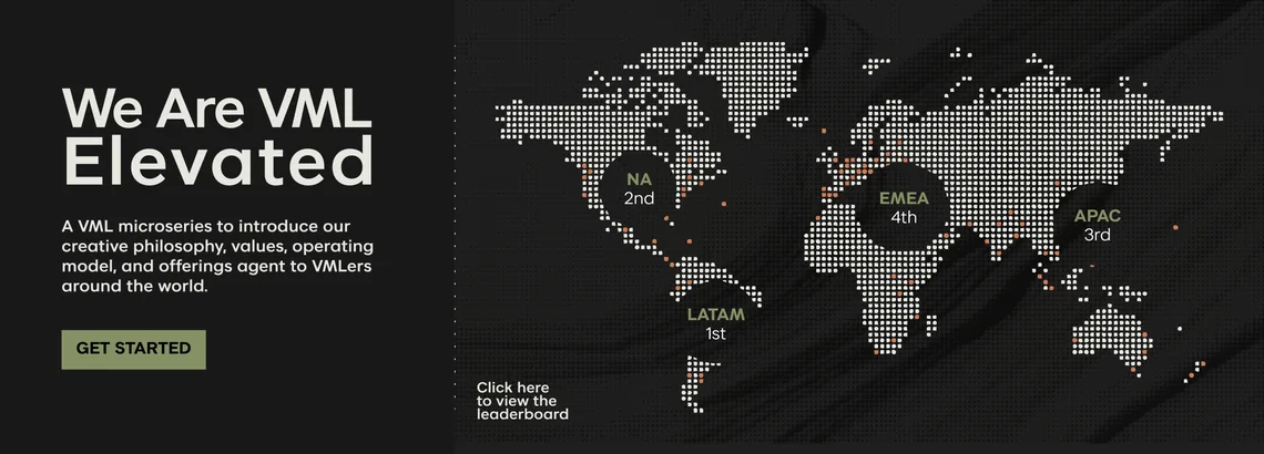 The coded hero: We Are VML Elevated, with a world map leaderboard by region