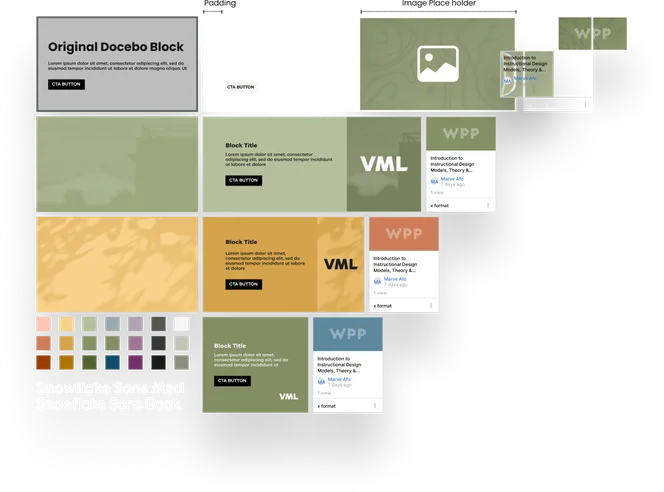 Docebo's content blocks rebuilt as a Figma component library with swap-in textures and swatches