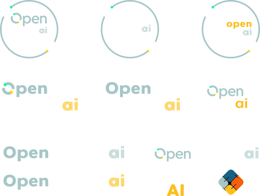 Open Everydai logo explorations: circular badges, stacked and single-line wordmarks, an Open daily variant, EVERY DAI, and a square four-panel symbol, in black and white