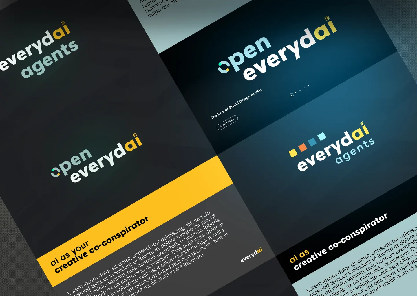 Branded course slides in electric blue and yellow on dark backdrops