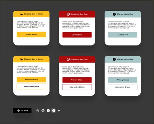 Storyline component library: six dialog boxes for directing action, explaining errors and offering info, plus navigation icons