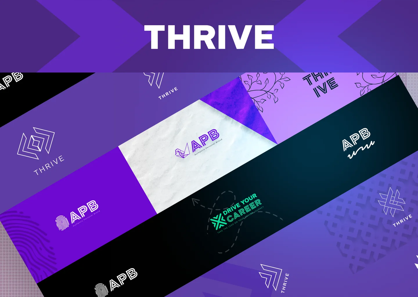 Thrive brand explorations: the THRIVE wordmark, Authentic Personal Brand and Drive Your Career marks with fingerprint and vine motifs