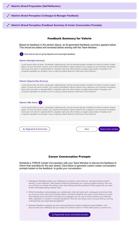 Manager view: AI feedback summary for Valerie with strengths, opportunities and values, and career conversation prompts