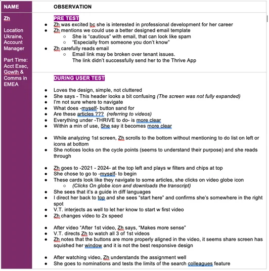 Moderated test notes for one participant, before and during the test